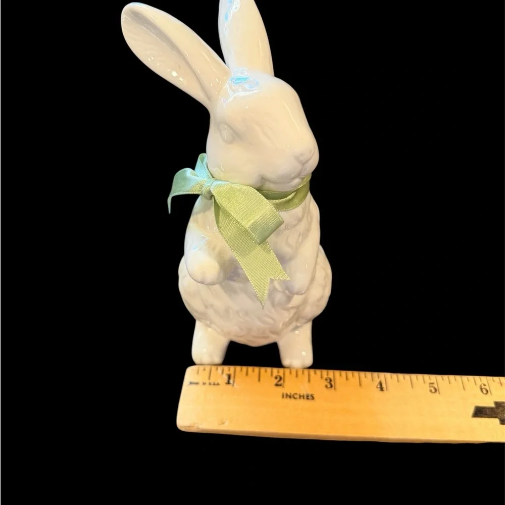 Vtg Pair of White Ceramic Bunny Figurines w/Green Bows-Spring - Picture 7 of 8